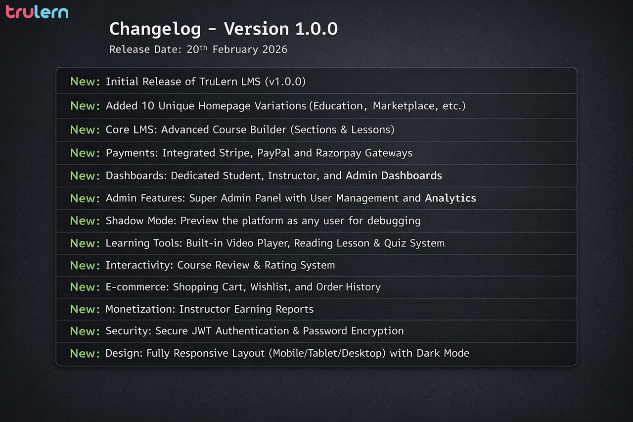 TruLern LMS v1.0.0 Changelog