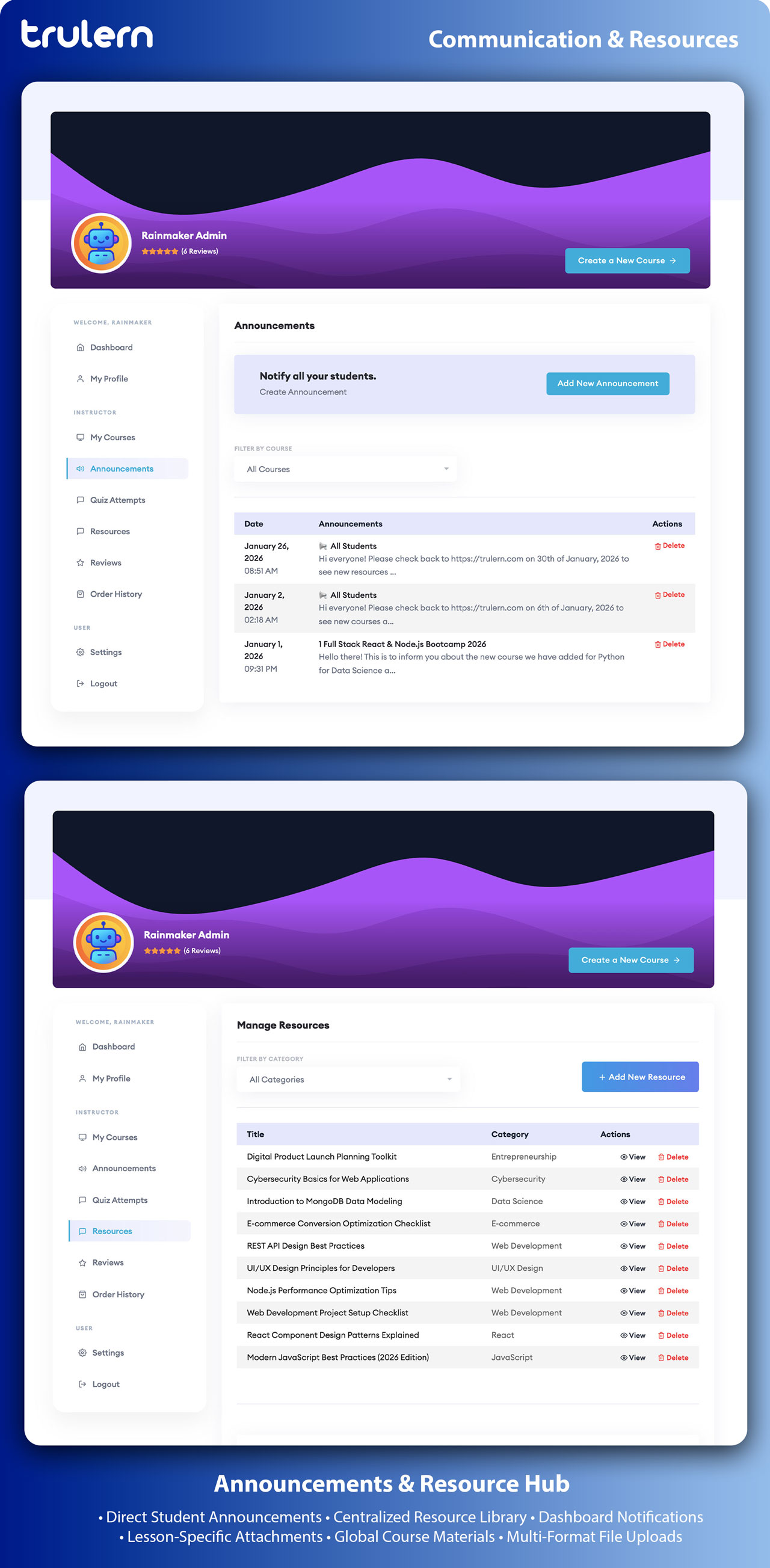 Course Communication and Resources Node.js LMS