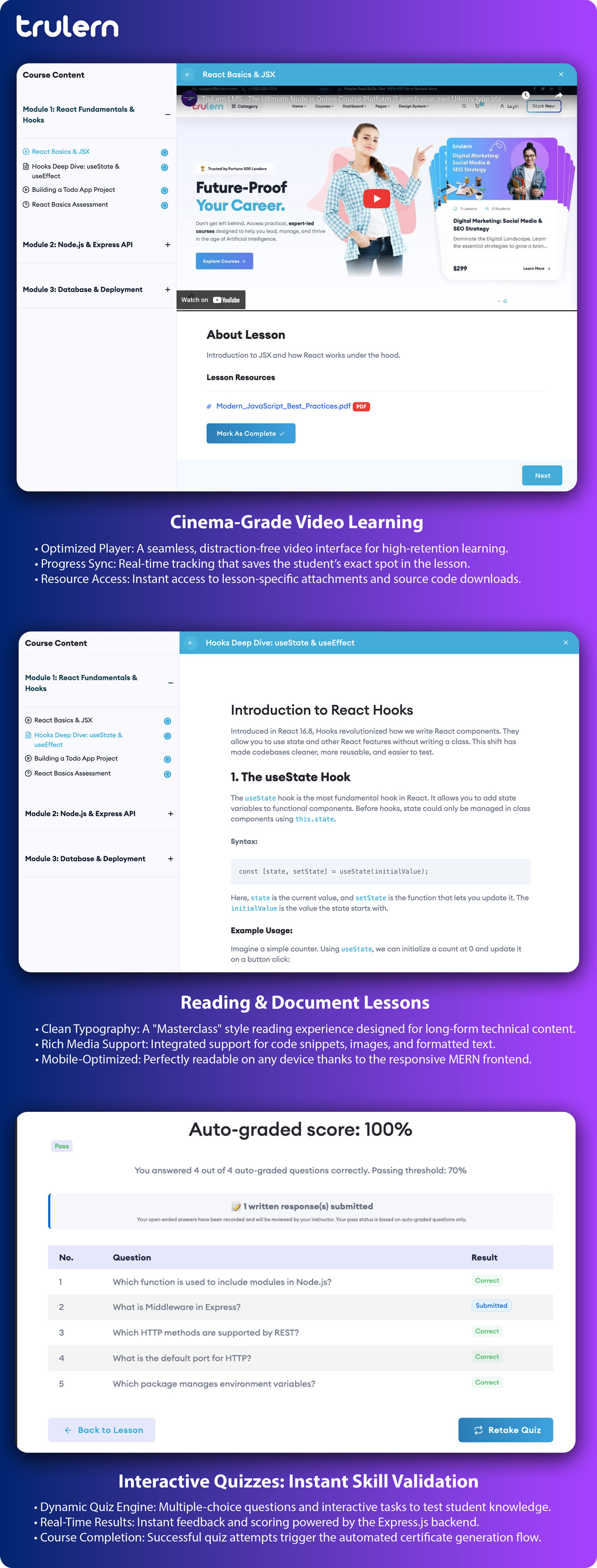 React LMS Video, Reading and Quiz System