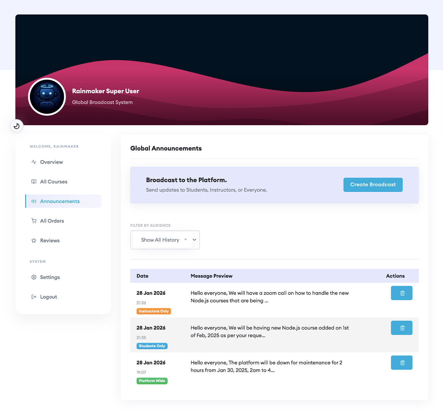 Admin Broadcast Interface