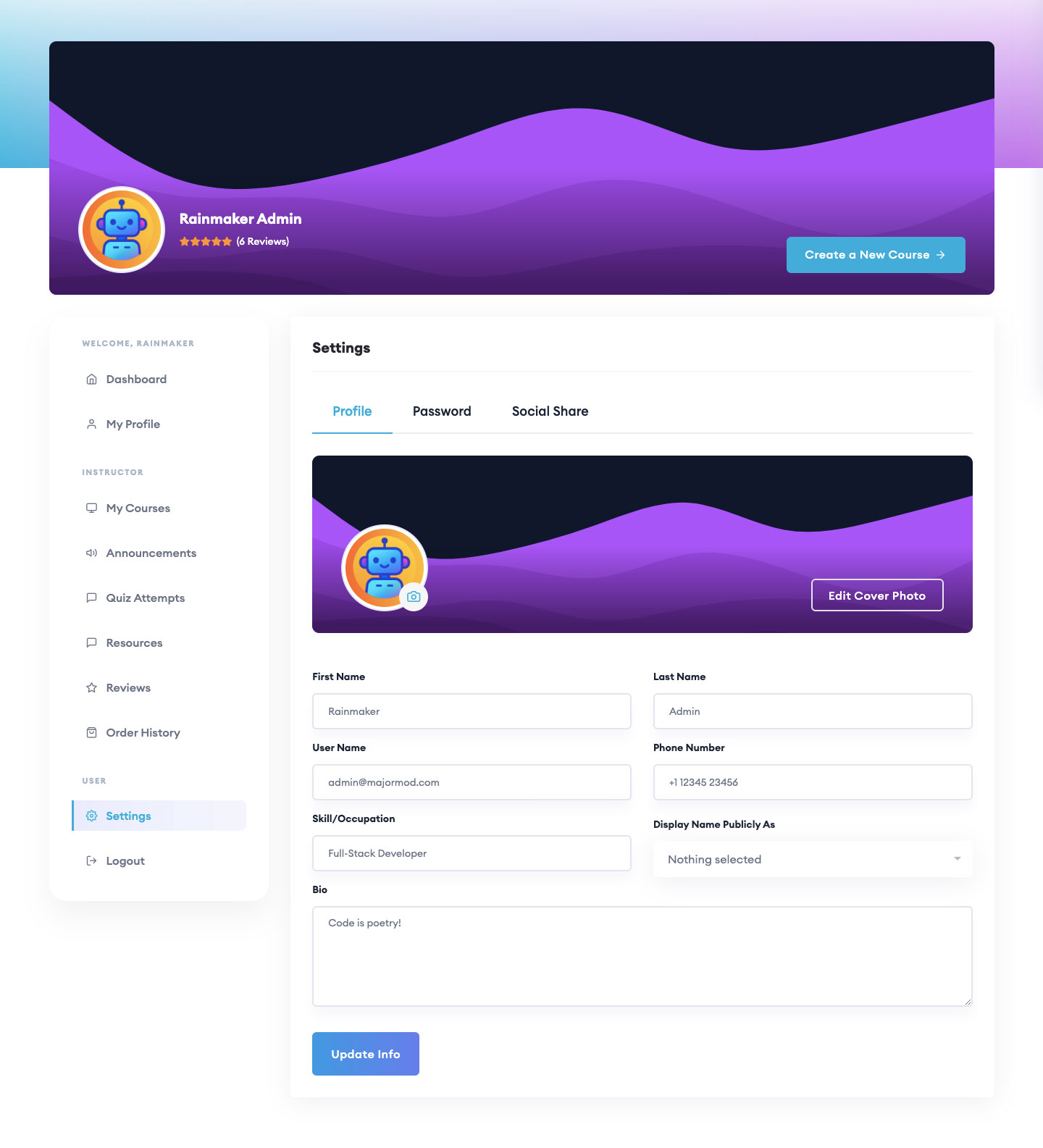 Instructor Settings Interface